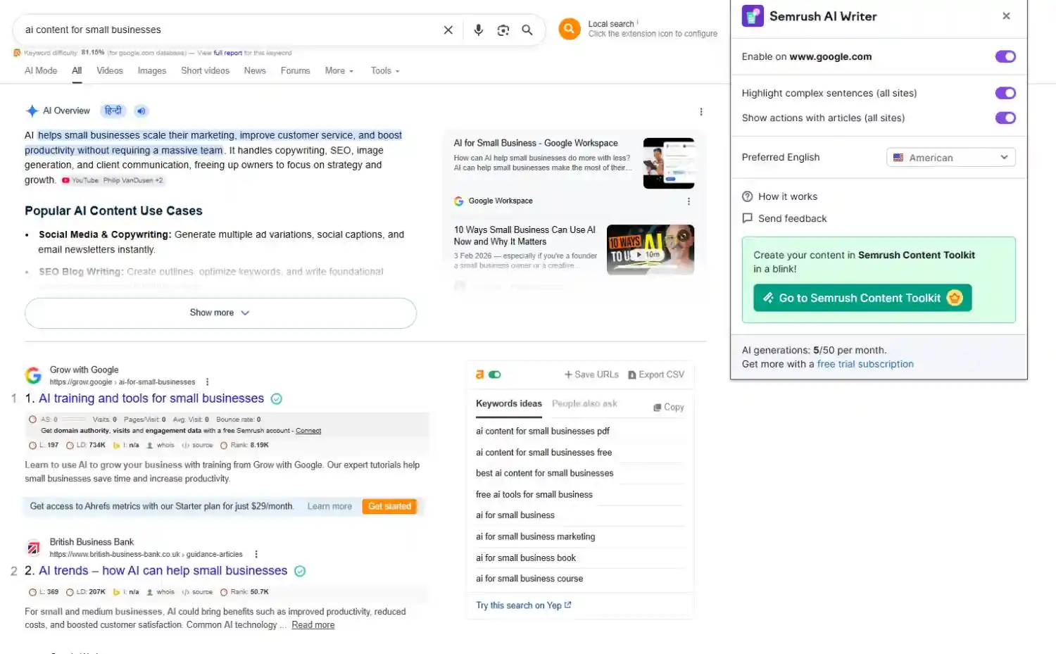 semrush chrome screeshot 